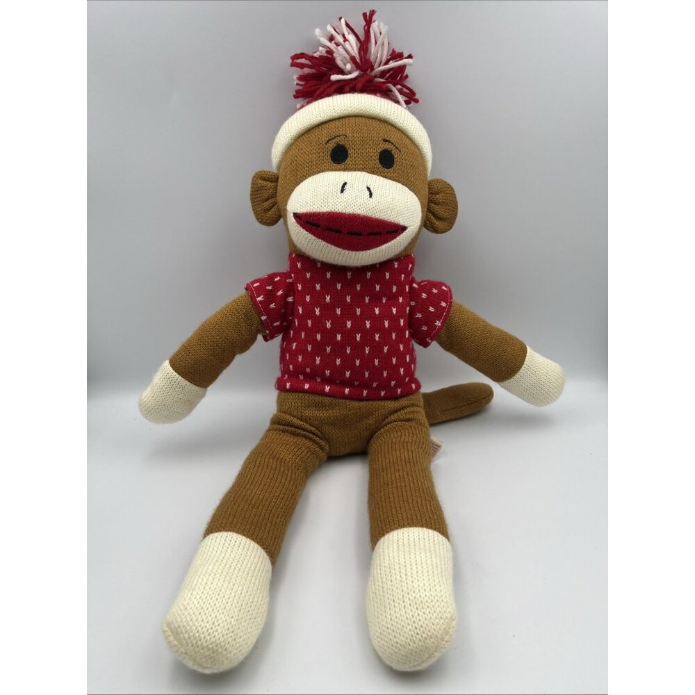 Dan Dee 22” Sock Monkey Plush Stuffed Toy Red Sweater Beanie Hat Knit